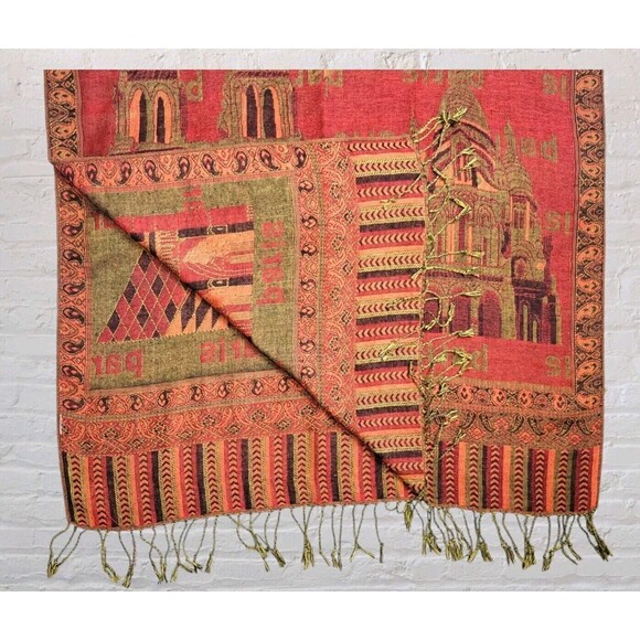 Vtg 90s Pashmina Shaw Wrap Paris Eiffel Tower City Tour Fringe Scarf Red Gray - Picture 2 of 8